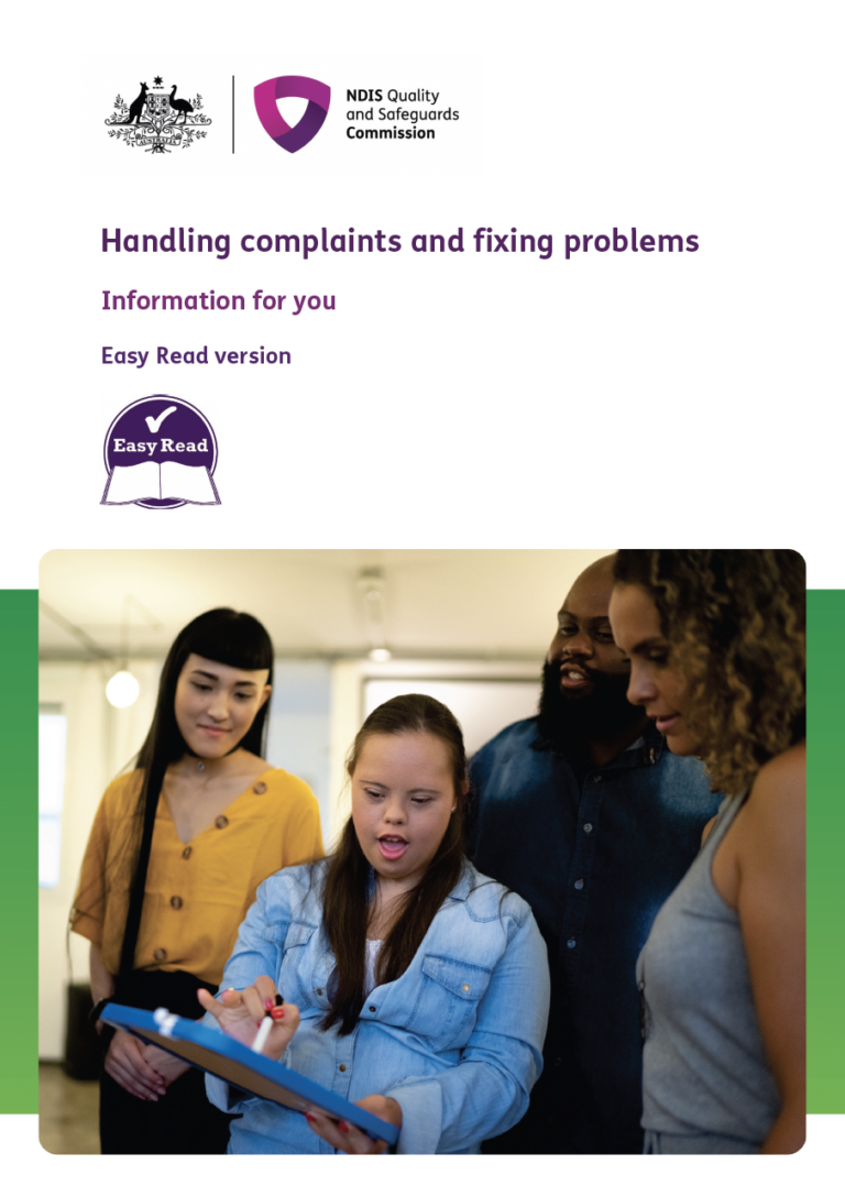 Front page of the NDIS Commission's Easy Read complaints guide with the title Handling complaints and fixing problems. There is a photo of a group of people looking at a clipboard. The person holding the clipboard has Down syndrome.